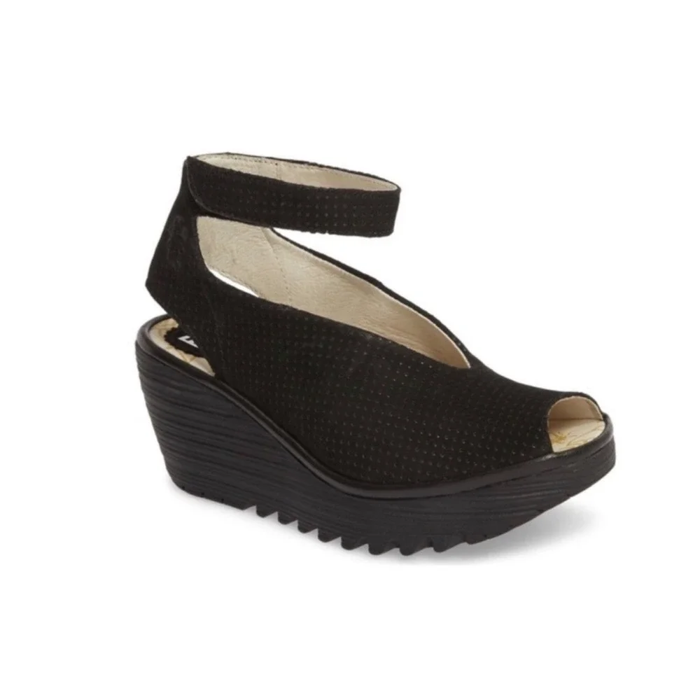 Fly London Yala Wedge Sandals  7 Black Good Perforated Suede P500376028